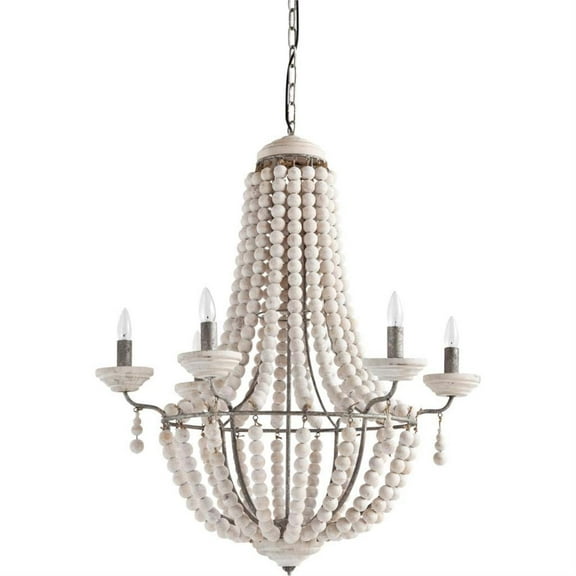 Mercana Phillum Silver Metal Chassis & White Wood Beaded Six Bulb Chandelier