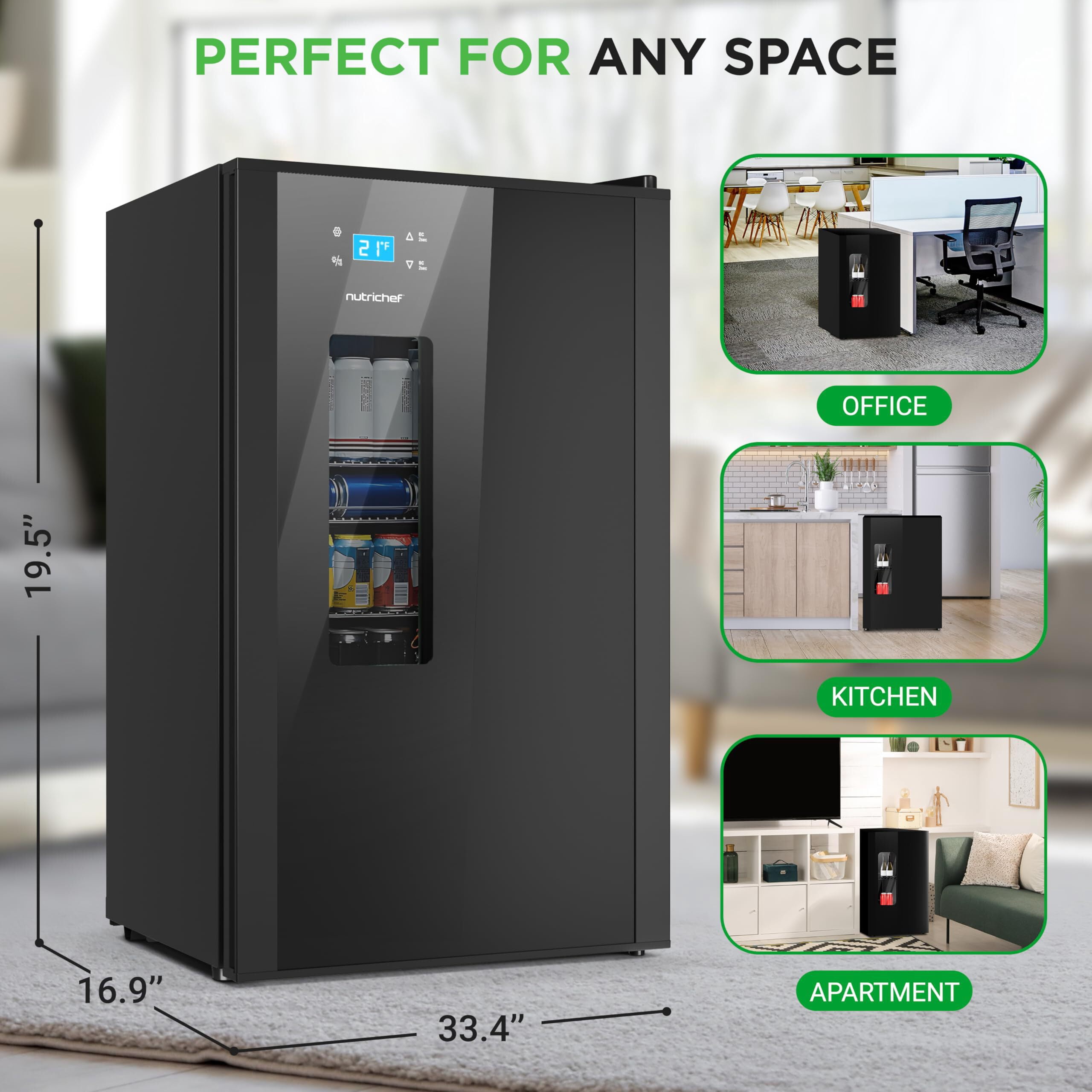 NutriChef NCBEERCL100 Fridge, Freestanding Beverage Refrigerator for Beer and Soda, Adjustable Temperature 21°F to 64°F, 108 Can Capacity-19 x 17 x 33 IN, Black