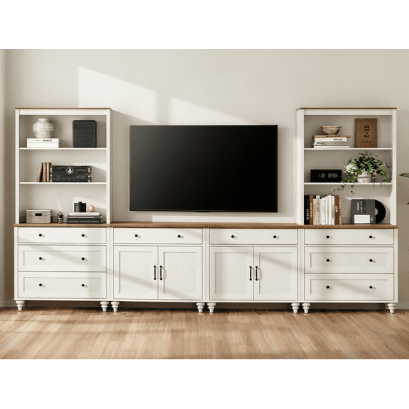 Entertainment Center with Bookshelves for TVs up to 75", Farmhouse Wall Unit TV Stand with Doors & Drawer, Media Console Table for Living Room, Bedroom & Home Theater, White