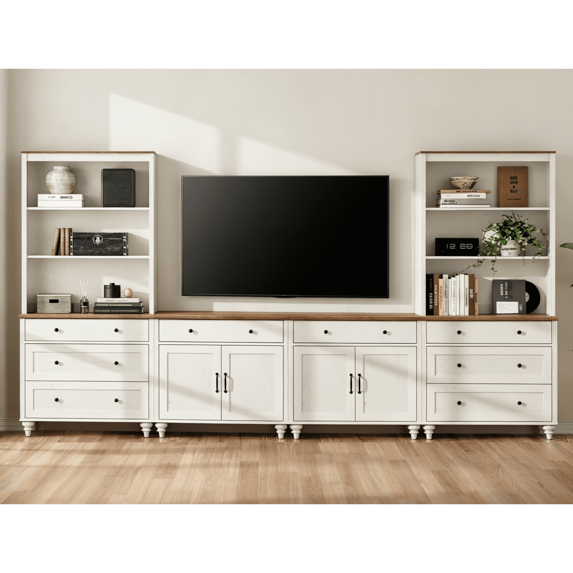 Entertainment Center with Bookshelves for TVs up to 75", Farmhouse Wall Unit TV Stand with Doors & Drawer, Media Console Table for Living Room, Bedroom & Home Theater, White