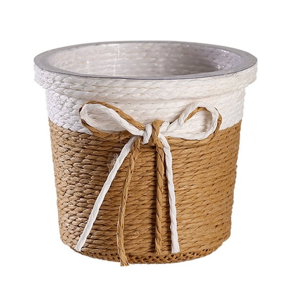 Woven Paper Rope Braided Plant Basket,Waterproof Flower Pot Plant Coiled Basket,Decorative Flower Pot Cover Closet Storage Bin Table Desk Organizer for Home Decor 4.1"x3.5" Brown with white