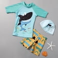 thumbnail image 5 of Rggeeun Baby Boys Swimsuit Set 3Pc Cartoon Animal Print Short Sleeve Crew Neck Top & Elastic Waist Above Knee Trunks with Hat for Summer Resort Swimming Adorable Beachwear,Multicolor,2-3 Years, 5 of 9
