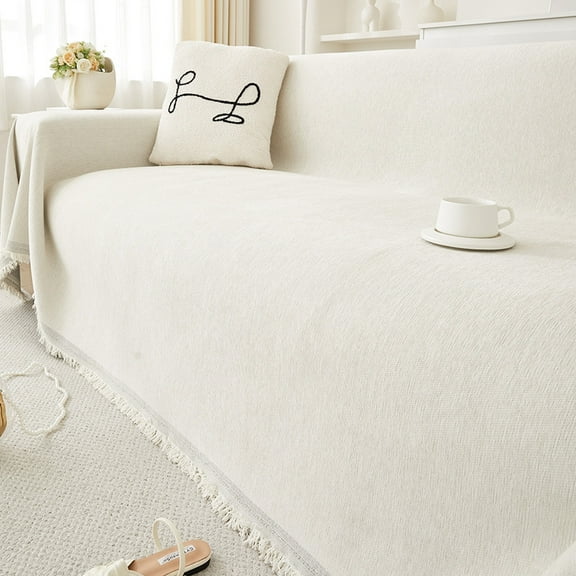 Chenille Sofa Covers, Non Slip Couch Cover, Couch Washable Sectional, Dogs pet Furniture Protector Couch Cover, Blanket for Living Room with Tassels, 71"x91", White