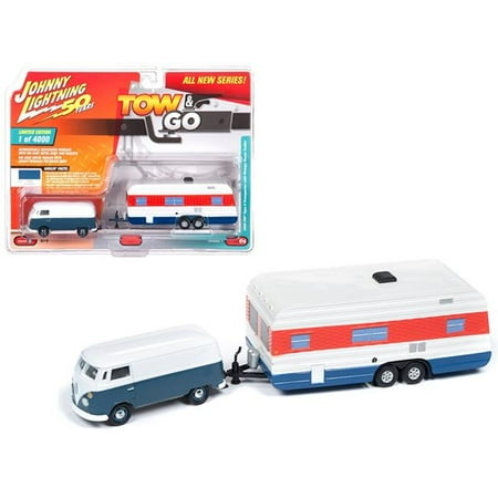 - 1965 Volkswagen Type 2 Transporter Dove Blue w/House Trailer Ltd Ed 4,000 pcs 1/64 Diecast Car by Johnny Lightning