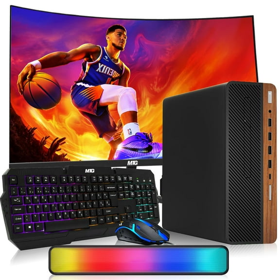 Restored HP Dark Single Premium Desktop Computer PC – Intel Core i5,16GB RAM,512GB SSD,24 Inch Curved Monitor,RGB Keyboard with AI Copilot Key and Mouse,RGB Soundbar,Windows 11