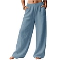 thumbnail image 5 of Linen Pants Women Wide Leg Palazzo Summer Flowy Pants Beach Vacation Clothes Elastic Waist Travel Trousers with Pockets Light Blue M, 5 of 5
