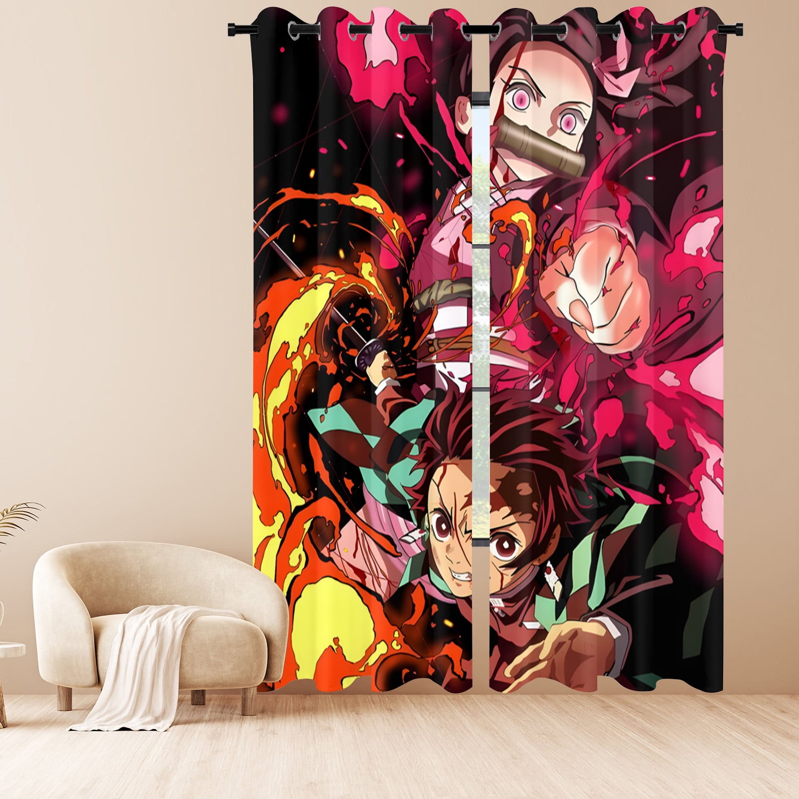 Anime Curtains for Bedroom Drapes Slayer Tanjirou Inosuke Kyoujurou Print Design Window Treatments Curtain Panel Set, 2-Panels, 52" W x 63" L