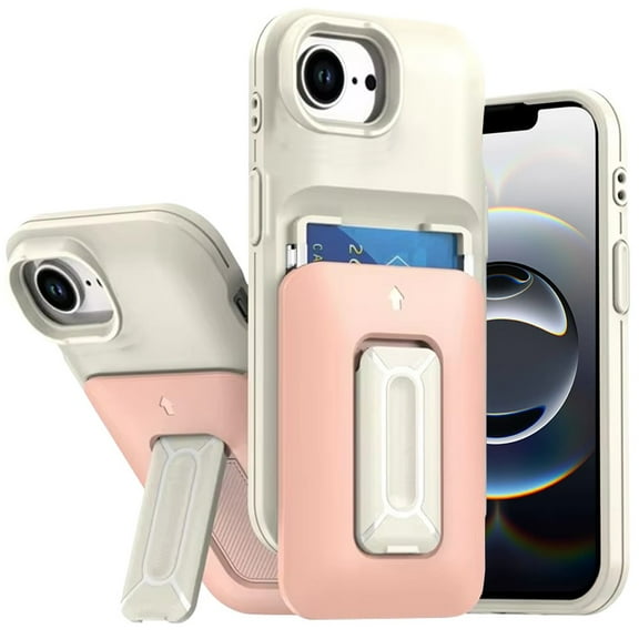 For iPhone 17E / 16E / SE4 Card Holder (2X) with Wrist Strap Hybrid With KickStand - Beige Light Pink