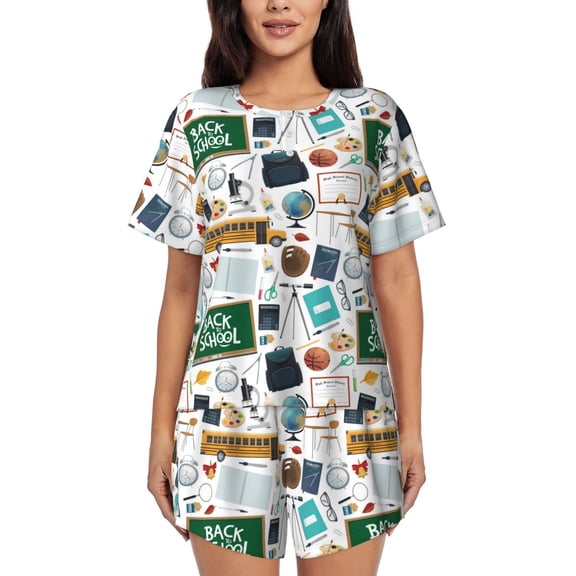 Logiee Back To School A Print Womens Pajamas Set,Short-Sleeve Pajama 2 Piece Sleepwear with Pockets-Small