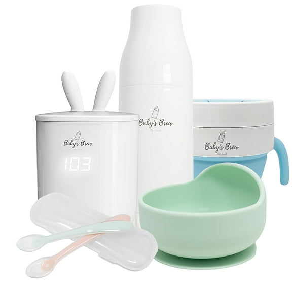 Baby's Brew Shower Bundle: Portable Baby Bottle Warmer, Silicone Bowl, Flexi-Spoon and 2-in-1 Snack / Sip Cup