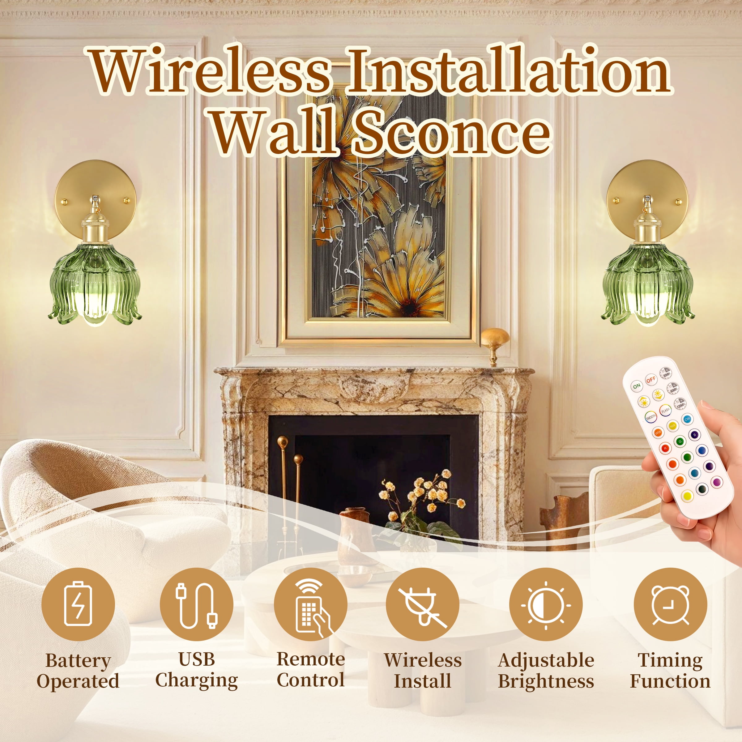 Vintage Battery Operated Wall Sconce with Flower lampshade,Rechargeable Battery Powered Wall lamp with 15 Colors for Bedroom Living Room Home Decor (Flower Green, 2 Light Battery Operated)