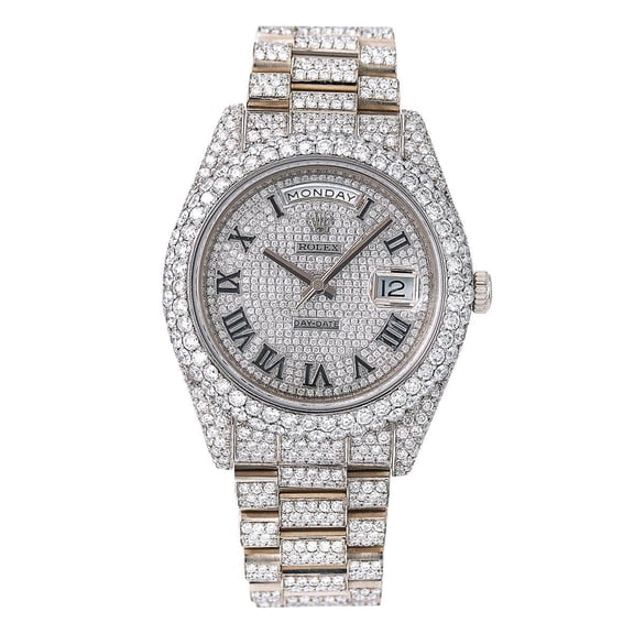 Pre-Owned Rolex Day-Date II 41MM 218239 Diamond Paved Roman Dial Diamond Bezel 18K White Gold Full Diamond President Bracelet