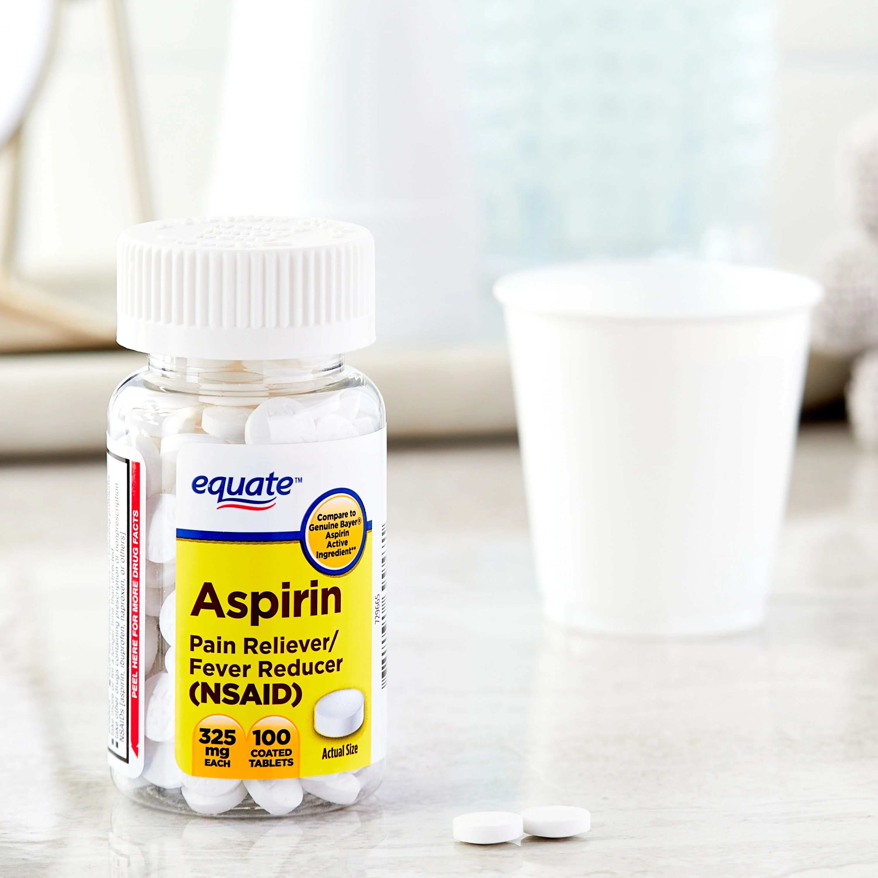 (paquete de 4) Equate Aspirina Alivio del Dolor/Reductor de Fiebre Tabletas Recubiertas, 325mg, 100 unidades, Comparar con el Ingrediente Activo de Genuine Bayer® Aspirina 4