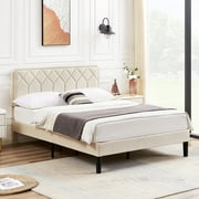 VECELO Full Size Bed Frame with Adjustable Headboard, Upholstered Platform Bed Frame with Wooden Slats Support, No Box Spring Needed, Beige