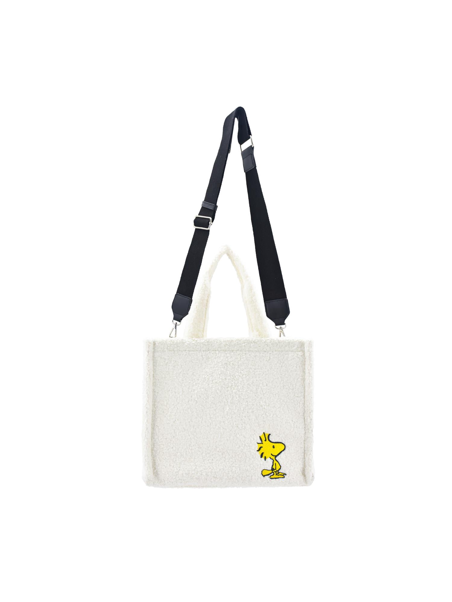 Peanuts Tote Bag, Snoopy and Woodstock Travel Handbag Side Purse with Adjustable Crossbody Shoulder Strap, White