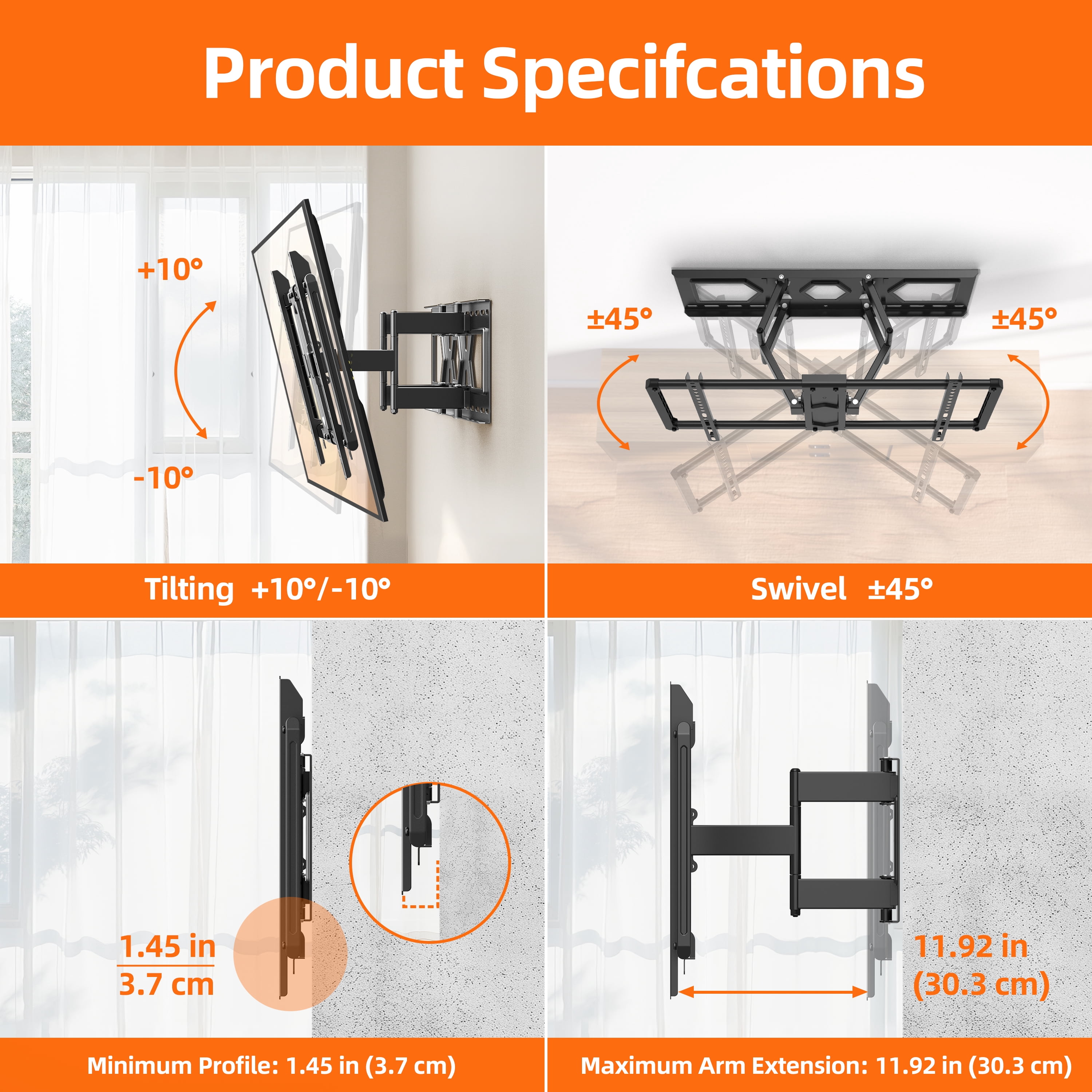 MountLiving Ultra-Slim Full Motion TV Wall Mount for 37-90" Screens, 90° Swivel & ±10° Tilt, Max VESA 600x400mm, up to 120 lbs
