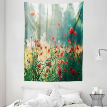 Nature Tapestry, Wild Red Poppy Flowers Field Summertime Sunbeams Gardening Bedding Plants, Wall Hanging for Bedroom Living Room Dorm Decor, 60W X 80L Inches, Red Green Yellow, by Ambesonne