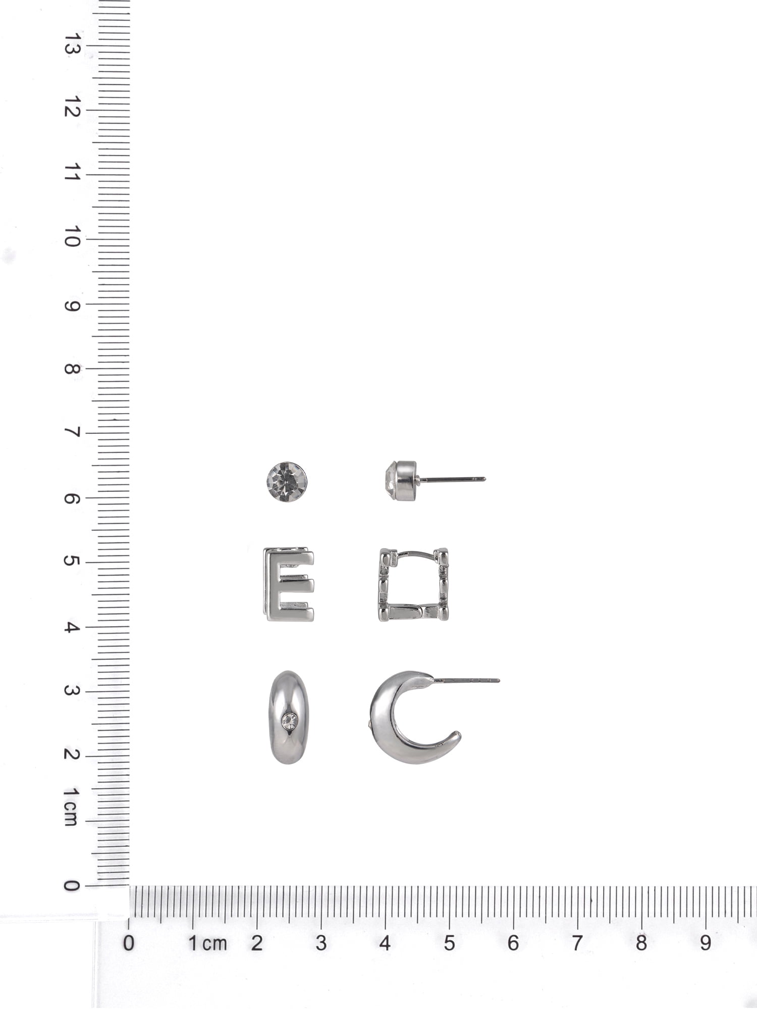 Time and Tru Silvertone 3-On Crystal Stud, Hoop, Initial "E" Earring Set