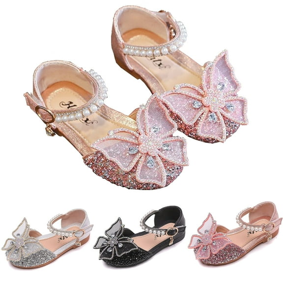 Maxcozy Girls Big Bow Rhinestone Sandals Mary Jane Shoes Glittler Dress Shoes Princess Sequins Low Heels Party Wedding Flower Girls Shoes Pink for Kids (US 2 Big Kid)
