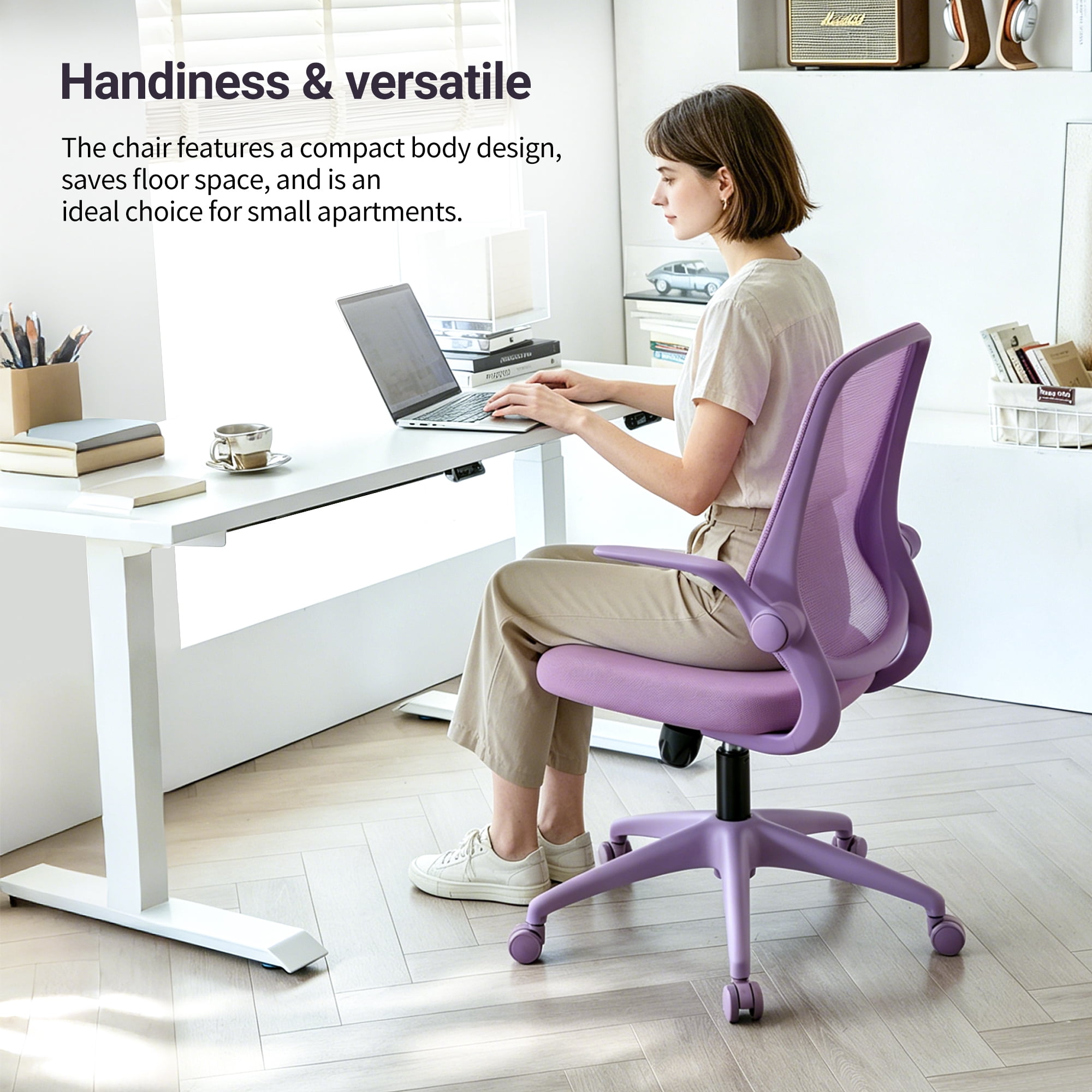 HOQBN Ergonomic Office Chair with Flip-Up Armrests, Breathable Mesh Back, Integrated Molded Foam Seat, 350lb Capacity,Purple