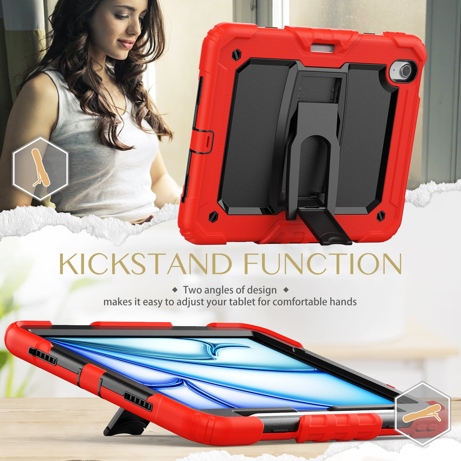 Rugged Case For Apple iPad Air 11 (2024) – 3-Layer Protection Shockproof Stand Cover with Screen Protector, Adjustable Stand, Shoulder Strap, & Pencil Holder -- Red