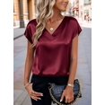 thumbnail image 5 of Women Silk Satin Tops Cap Short Sleeve Blouse V Neck Shirts Business Casual Outfits Wine Red S, 5 of 7