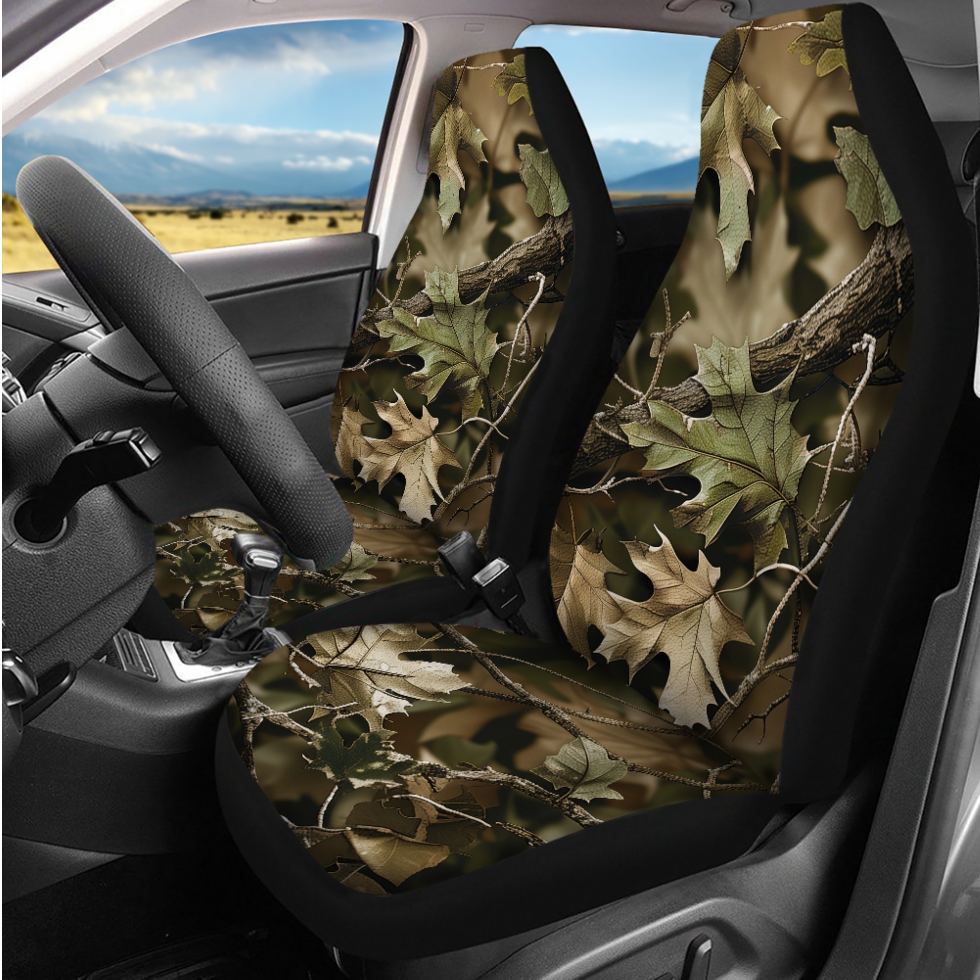 Jeiento Camo Oak 14 PCS Car Seat Covers and Steering Wheel Cover Seatbelt Strap Pad Armrest Cover Pad Hunting Wood Headrest Cover Cup Coasters Key Ring Auto Accessory Sets Interior Decor
