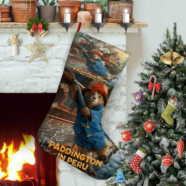 Paddington Tema: Calcetines de Navidad, fino lino blanco para colgar en escaleras y chimenea, decoración navideña para el hogar, regalo de Navidad. 54cm × 38cm