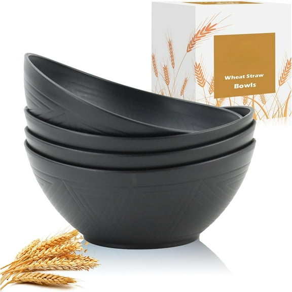 65 OZ Large Salad Bowls, Unbreakable Wheat Straw Bowls Set 4 PCS, Large Plastic Bowl Reusable, Microwave & Dishwasher Safe Kitchen Bowl for Salad, Cereal, Soup and Popcorn (Black)