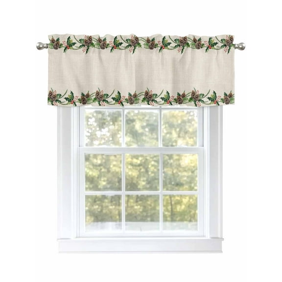 Vintage Pine Cone Valances for Windows Green Leaf Winter Plant Christmas Pastoral Rod Pocket Curtains Valance Short Window Treatment Drapes for Living Room, Bedroom Bathroom 60" W x 14" L