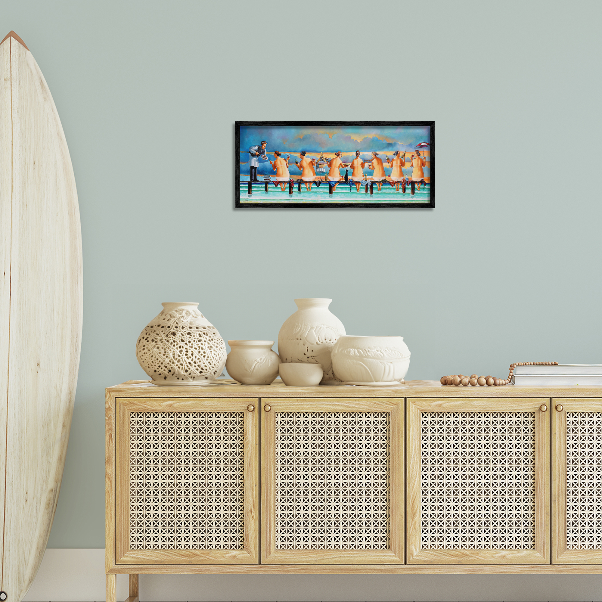 Stupell Industries Ladies Enjoying Beach Novelty Painting Black Framed Art Print Wall Art, 24 x 10