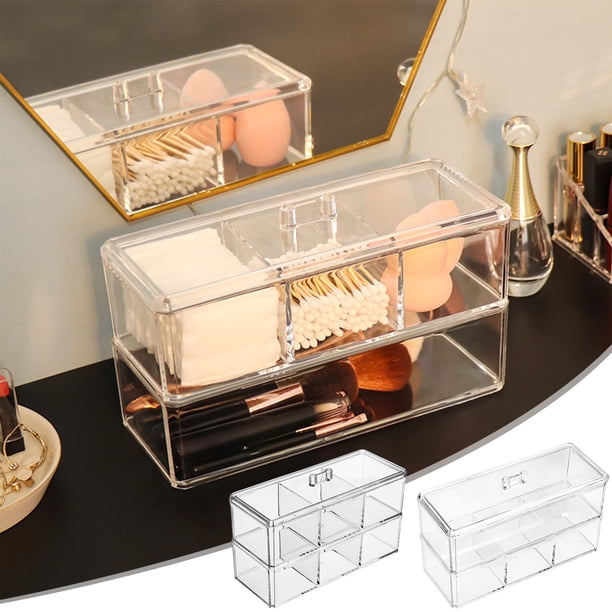Caja de almacenamiento organizadora de sobremesa Acrílico transparente | Contenedor rectangular apilable a prueba de polvo | Gran capacidad de 3 capas para joyería, hisopos, accesorios de maquillaje