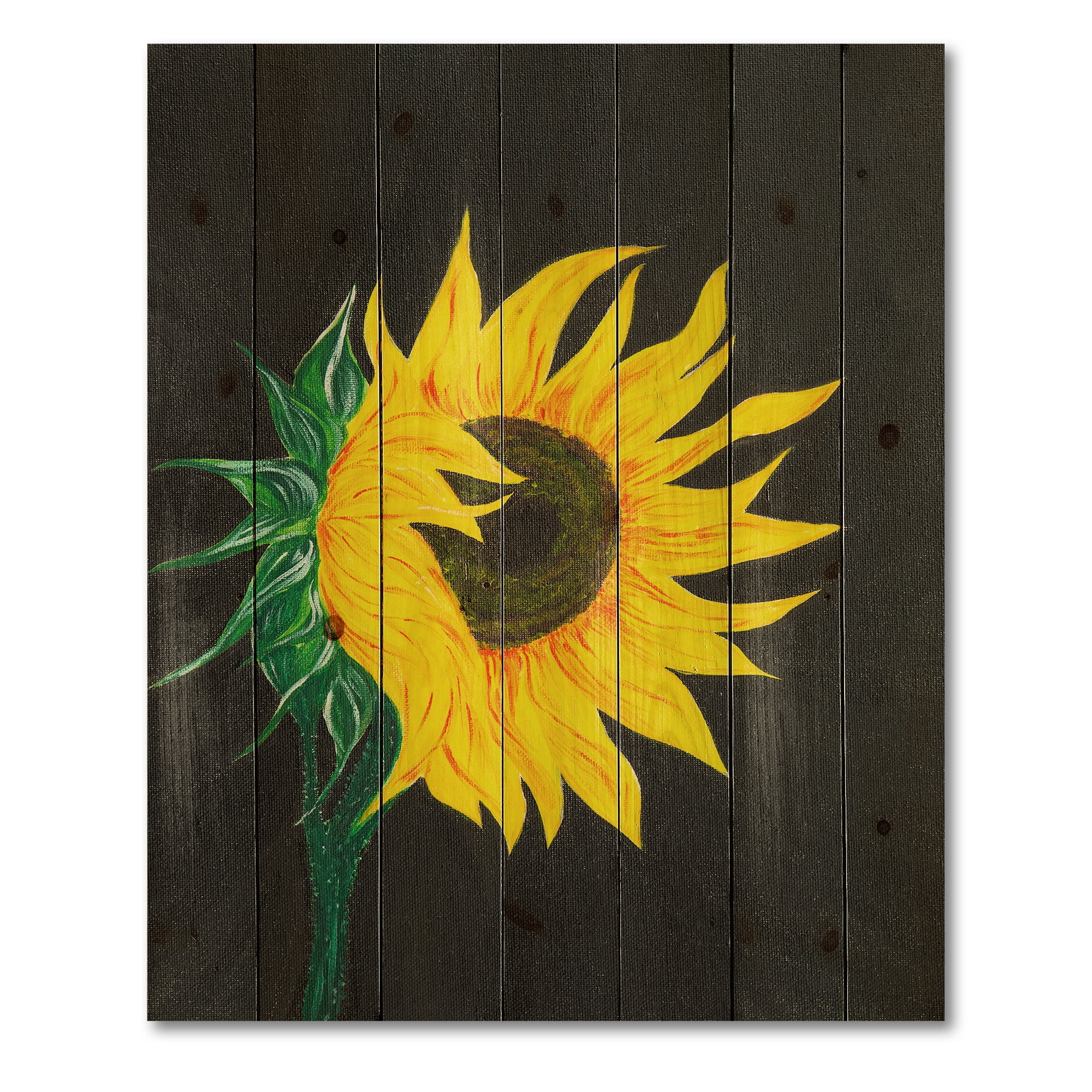 Designart 'Yellow Sunflower On Black' Traditional Print on Natural Pine Wood