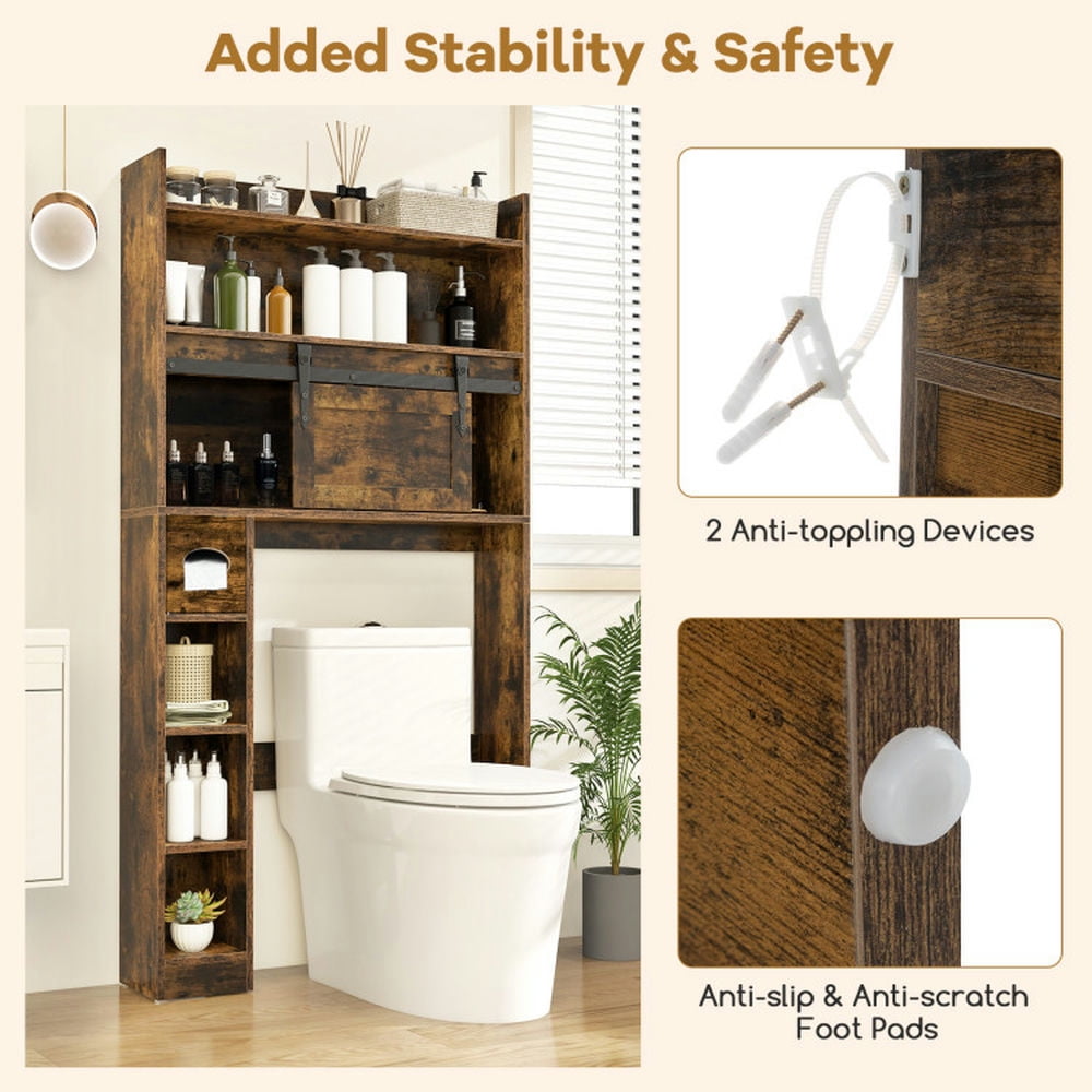 Finihen Toilet Storage Cabinet, Bathroom Cabinet Organizer, Over The Toilet Storage Cabinet with Sliding Barn Door and Adjustable Shelves, for Bathroom, Rustic Brown