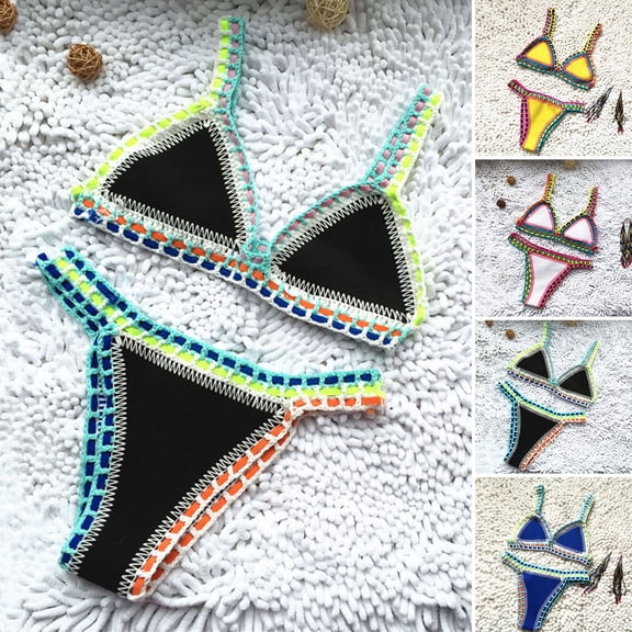 1 Set Bathing Suit Bright Color Patchwork Handmade Crochet Women Swimsuit for Beach