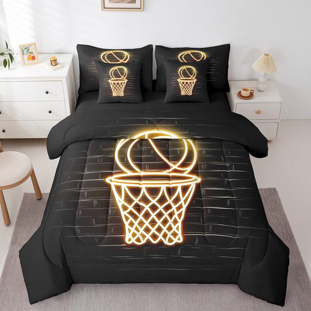 Erosebridal Literie de Basketball Dégradé Néon Grand Lit, Ensemble de Lit pour Ados Grand Lit, Réversible 7 Pcs