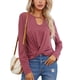 thumbnail image 1 of Camisa de manga larga para mujer, cuello redondo, escote en U, dobladillo anudado, Top informal de color puro para fiesta, viajes diarios, rojo oscuro M, 1 of 7