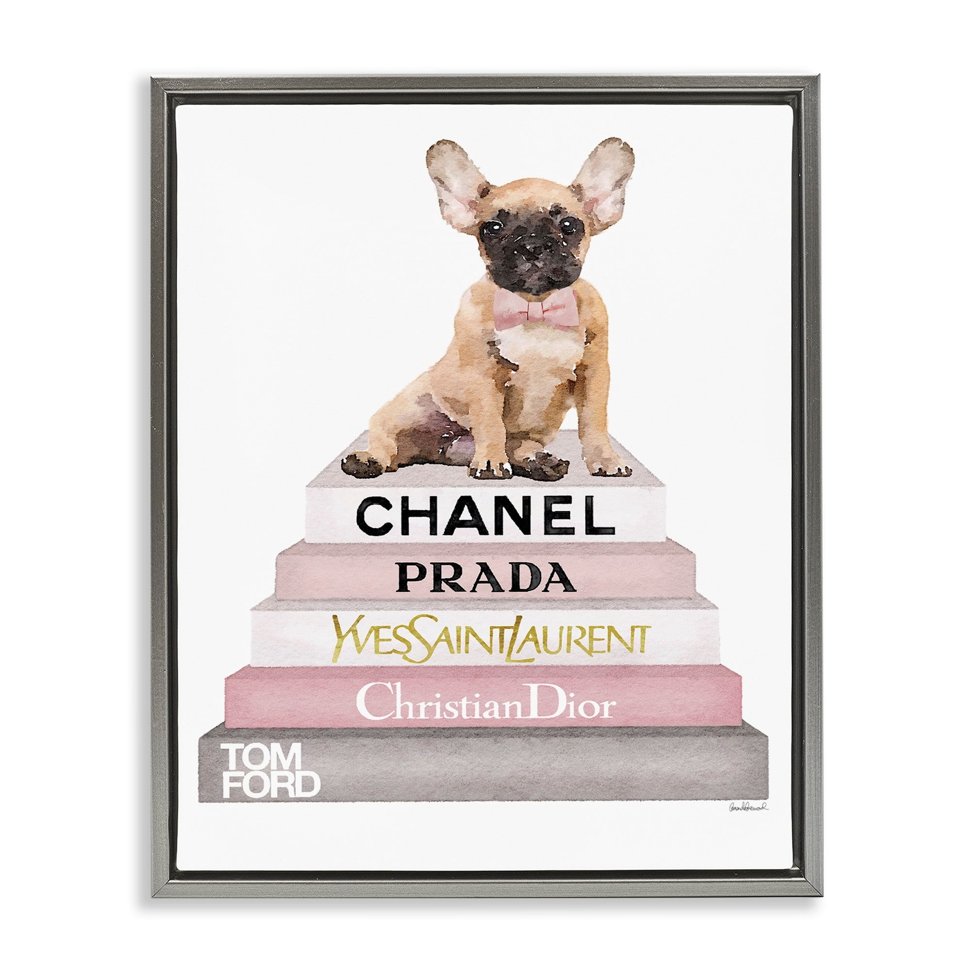 Stupell Industries Watercolor High Fashion Bookstack French Bulldog Luster Gray Framed Floating Canvas Wall Art, 16x20, by Amanda Greenwood