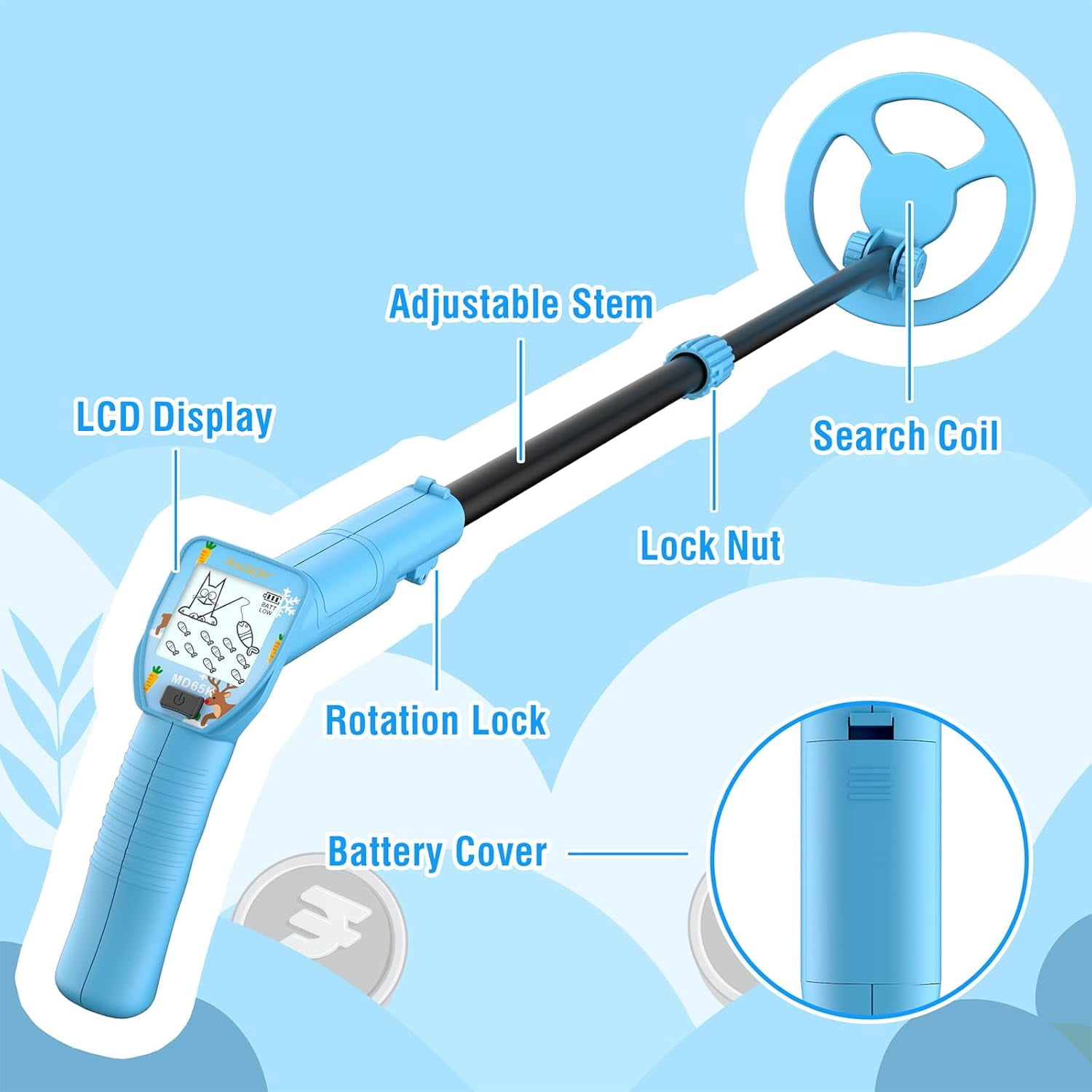 Raddy MD65K Metal Detector for Kids, Adjustable & Lightweight Kids Metal Detector for Treasure Hunting, IPX7 Waterproof 6.5" Coil, Fun LCD Display, for Boys & Girls Ages 3–12, Blue