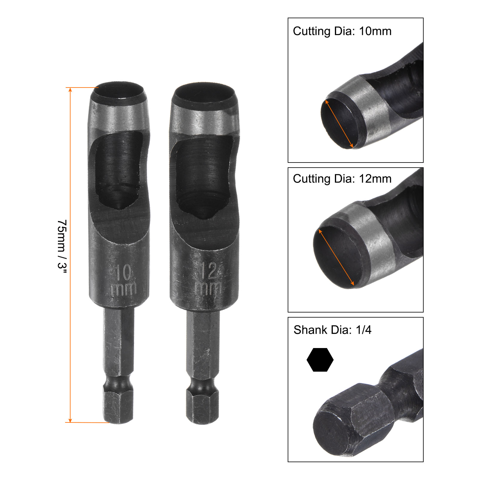 Uxcell 4pack 10mm,12mm Leather Hollow Hole Punch with 1/4" Hex Shank for Drill, Belt Hole Punch Punching Cutter Tool