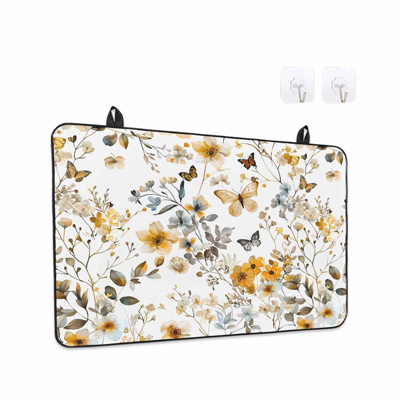 Vintage Botanical Stove Top Cover for Electric Stove, Heat-proof & Non Slip Glass Top Stove Cover Protector, Yellow Spring Floral Butterfly Kitchen Flat Cooktop Rubber Mat 24x21 Inches