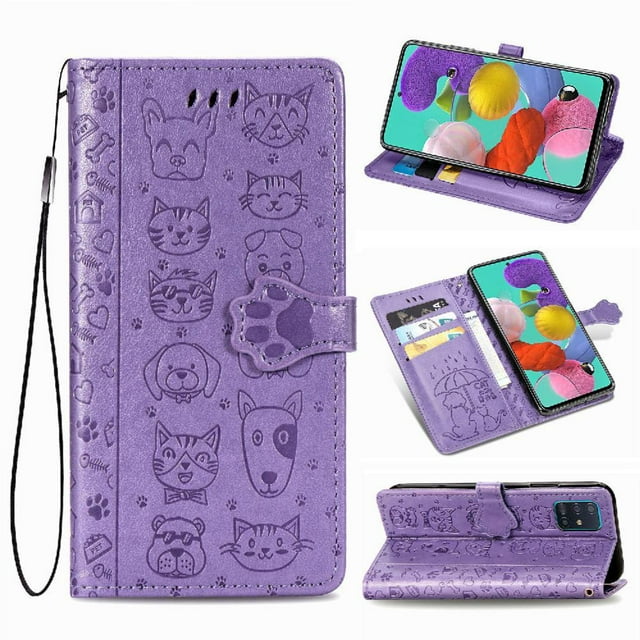 Funda Cartera FOXDOCK para Samsung Galaxy A71 5G , Flip PU con Relieve de Gatos y Perros, Tarjetero y Soporte