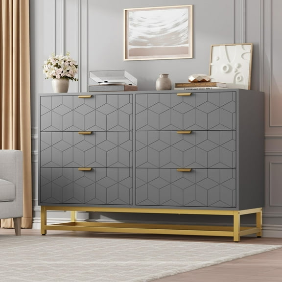 Luku 53.5" Dresser, 6 Drawer Chest with Gold Handles and Legs, Modern Wide Storage Organizer for Bedroom, Hallway, Living Room