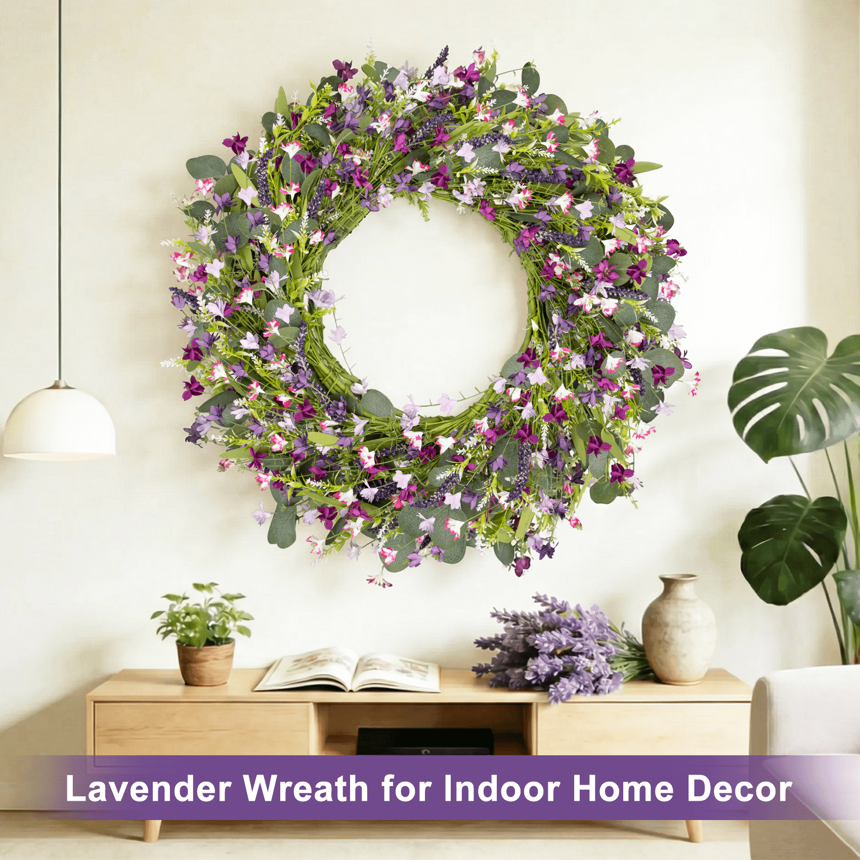 AcerichFad Spring Wreath Decor, 22 Inch Artificial Violet Lavender Wreaths for Front Door Porch Indoor Outdoor Home Spring Summer Decoration