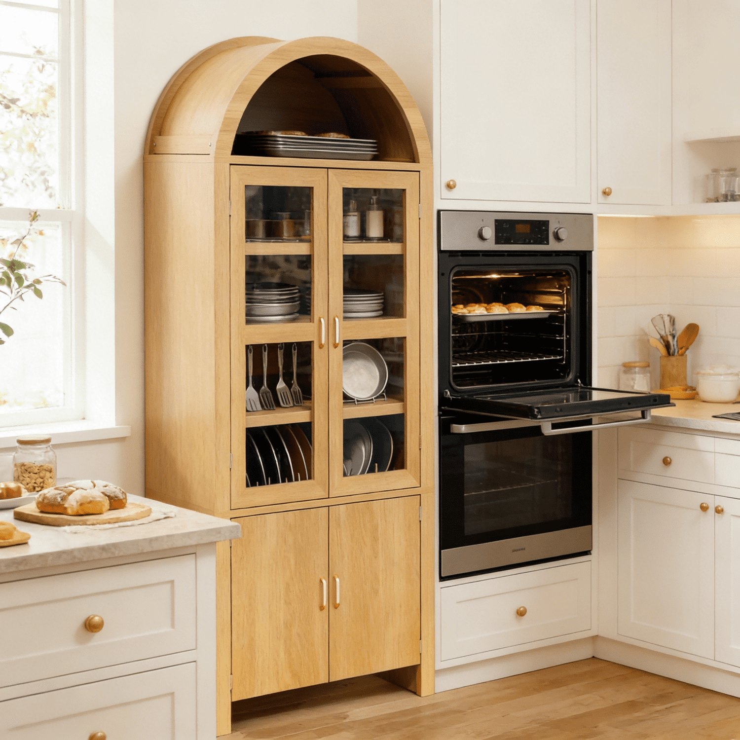 BaPro 71" Tall Arched Kitchen Pantry Cabinet, Modern Farmhouse Style Storage Cupboard with Adjustable Shelves for Dining & Living Room, Oak