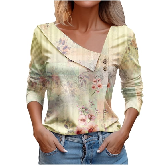 WREESH Womens Fashion Dressy Tops Side Button V-Neck Printed Long Sleeved Shirt T-Shirt Pullover Yellow