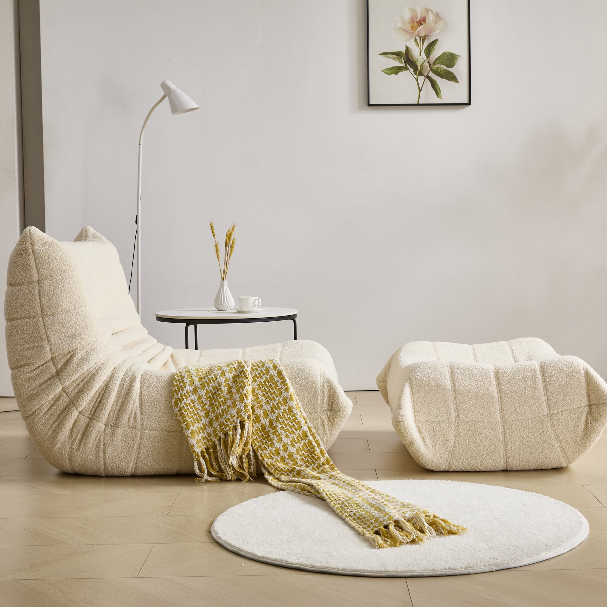 Evita High Density Memory Foam Lounge Chair for Living Room Bedroom Office (White-Single Chair with Ottoman)