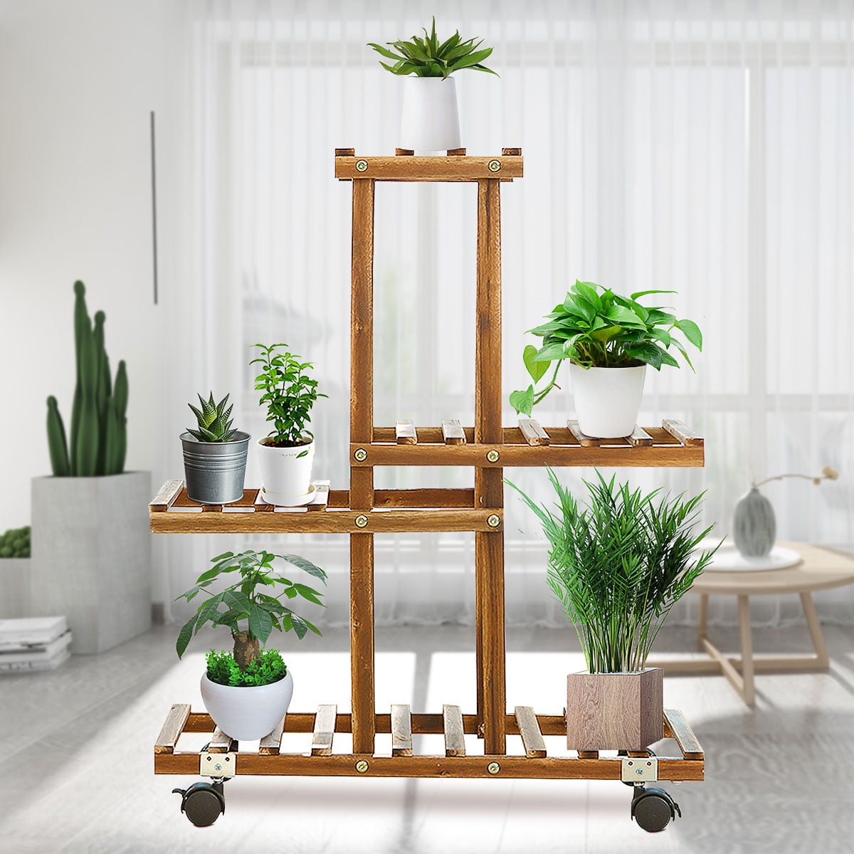 4 Tier Rolling Plant Stand Natural Wood Plant Rack with
