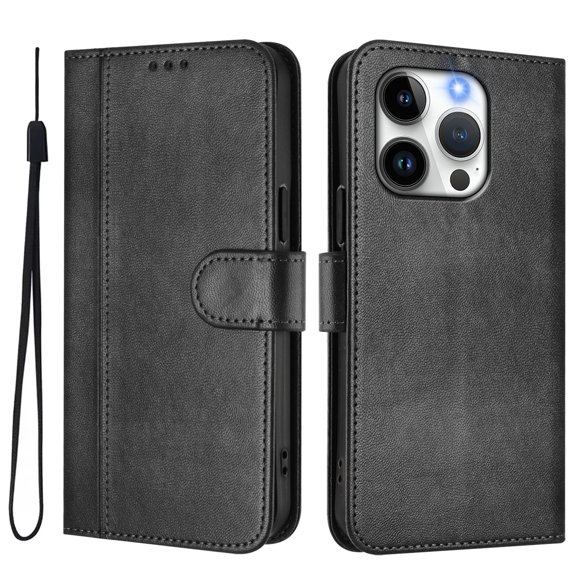 Wallet Phone Case for iphone 14 Pro 360° Protective Flip Cover with Card Slots Kickstand Black