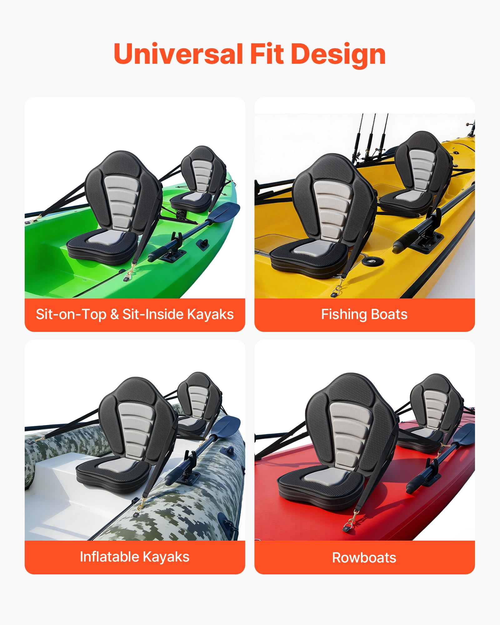 VEVOR Kayak Seat, 2 Pack 2" Thick, Universal Paddle Board Seat with Back Support, Sit-on-Top Soft Padded Cushion with Storage Bag & Adjustable Straps for SUP, Canoe, Fishing Boat, Inflatable Kayak